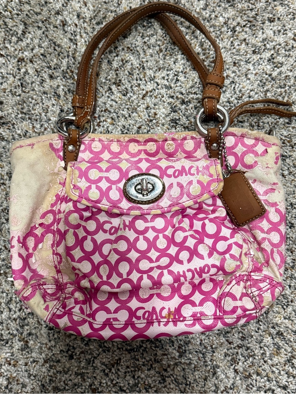 Coach Pink Signature Canvas Shoulder Bag with Tan Leather Handles Damaged